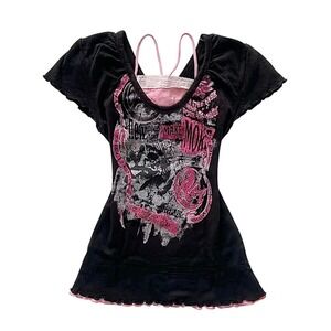 Graphic Tee Womens Small Black Pink Excellent Lace Up Grunge Y2K Top